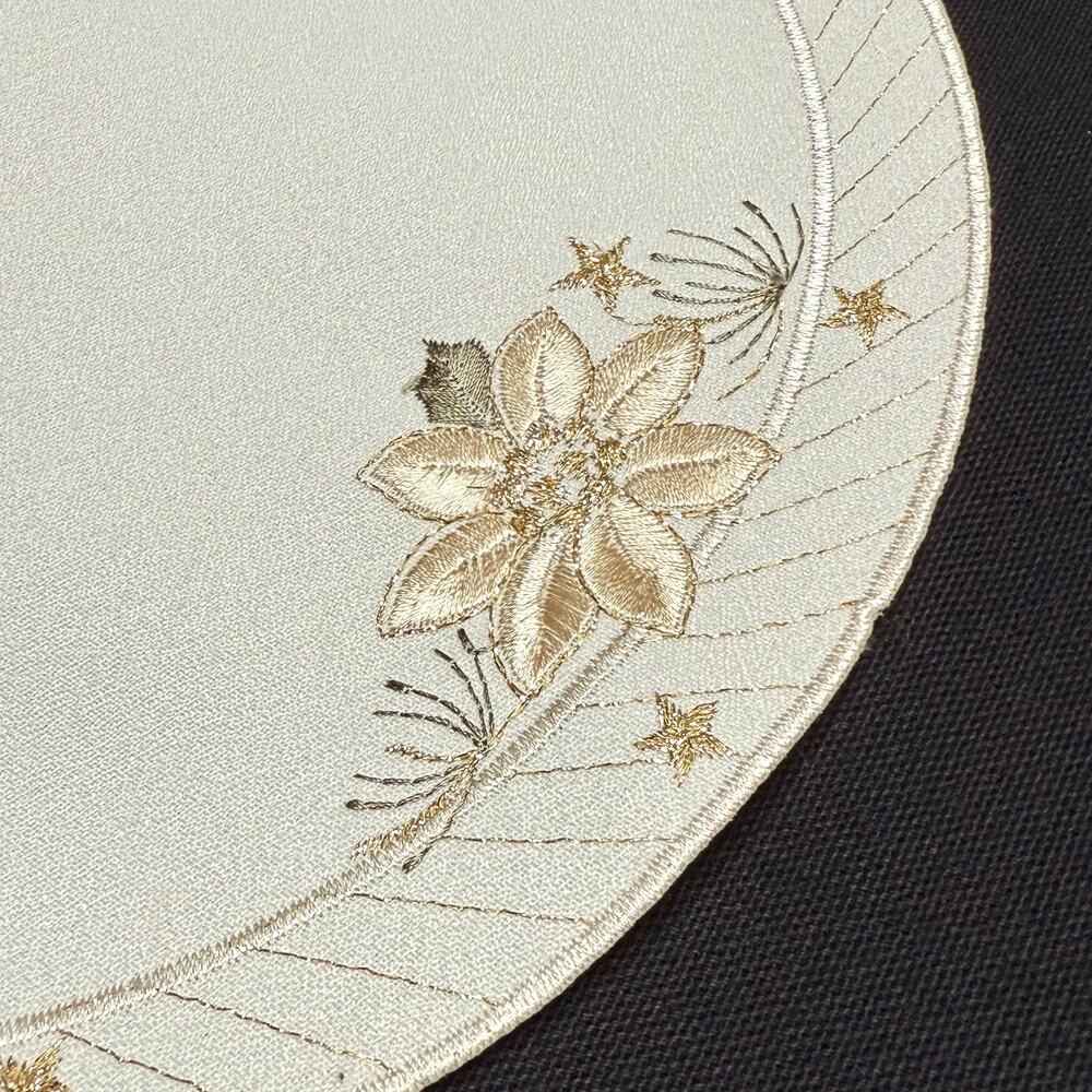 German Embroidered Christmas Table Runner Place Mat Poinsettia 11x22 Gold Thread - Picture 5 of 7
